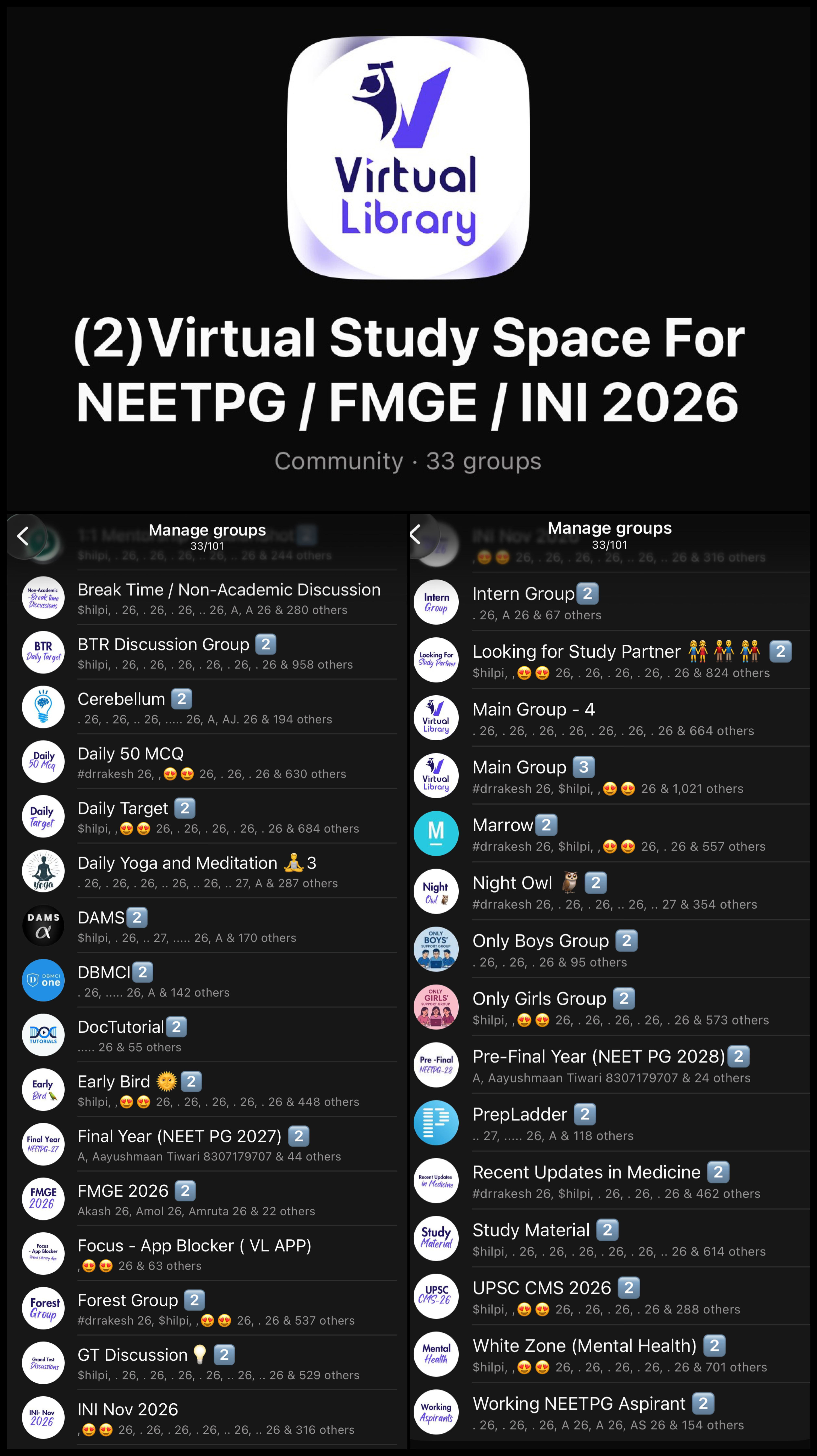 Virtual Library WhatsApp and Telegram community groups for NEET PG, FMGE, and INI aspirants