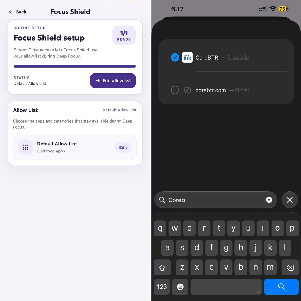 Focus Shield allow list in the Virtual Library app, with CoreBTR added as an allowed study app