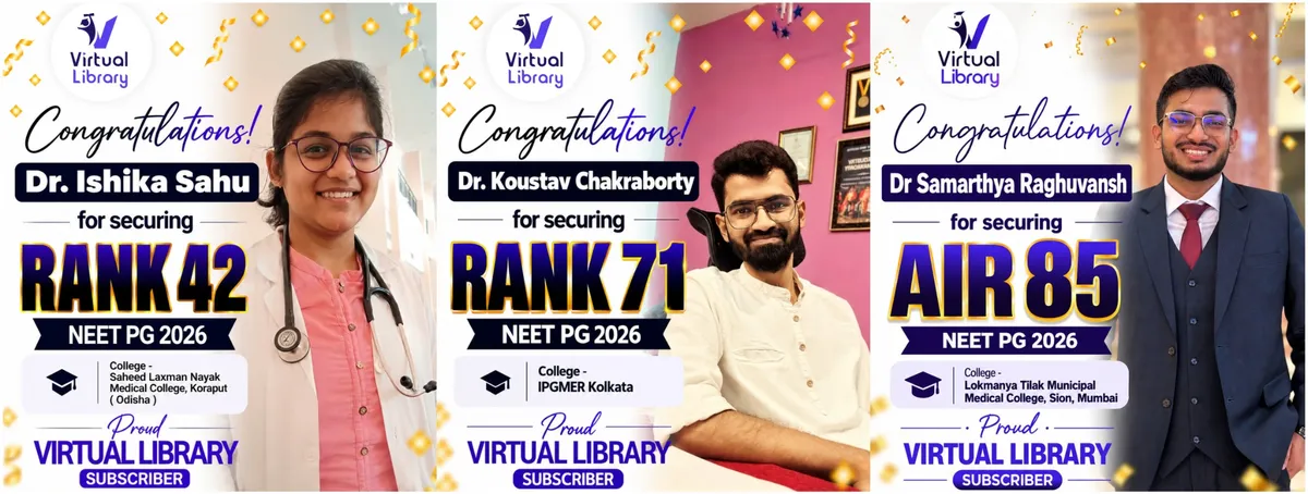 Congratulations posters for NEET PG 2026 top 100 rankers: Dr. Ishika Sahu rank 42, Dr. Koustav Chakraborty rank 71 and Dr Samarthya Raghuvansh AIR 85