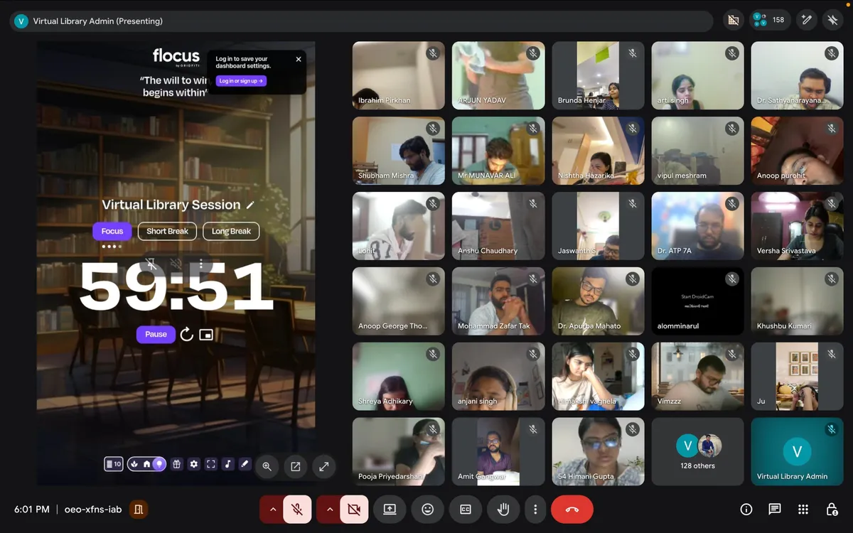 A second Virtual Library Study Room session on Google Meet with 158 participants