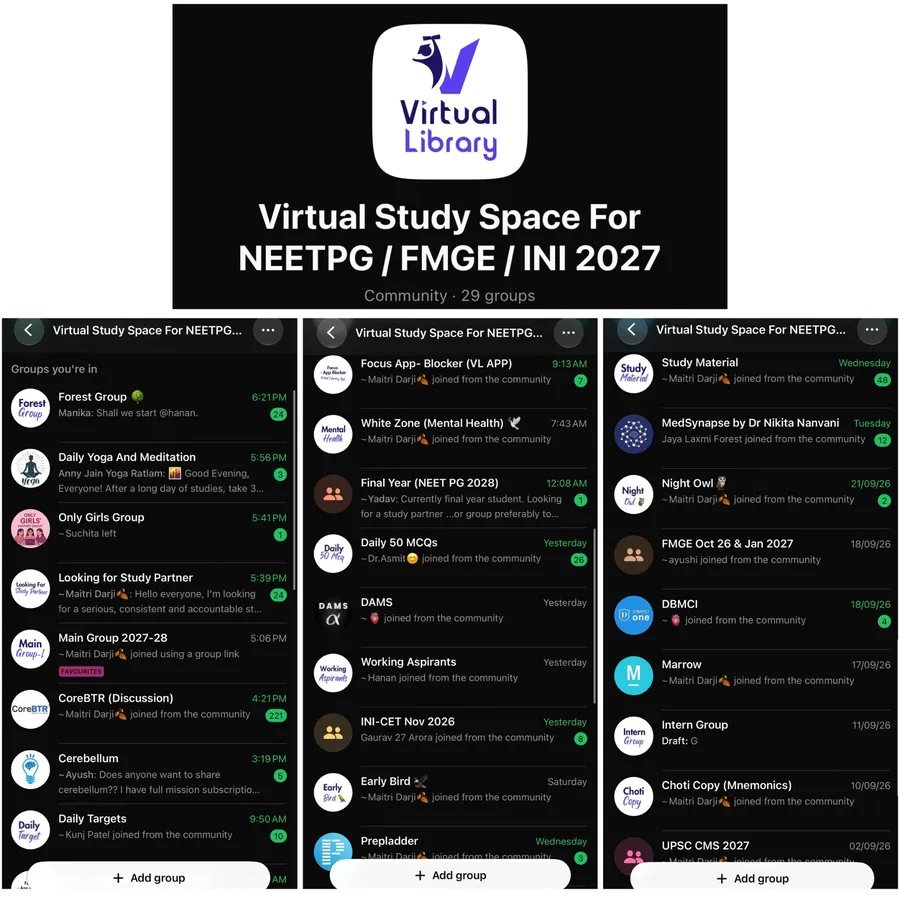 Virtual Study Space for NEETPG / FMGE / INI 2027 WhatsApp community with 29 groups
