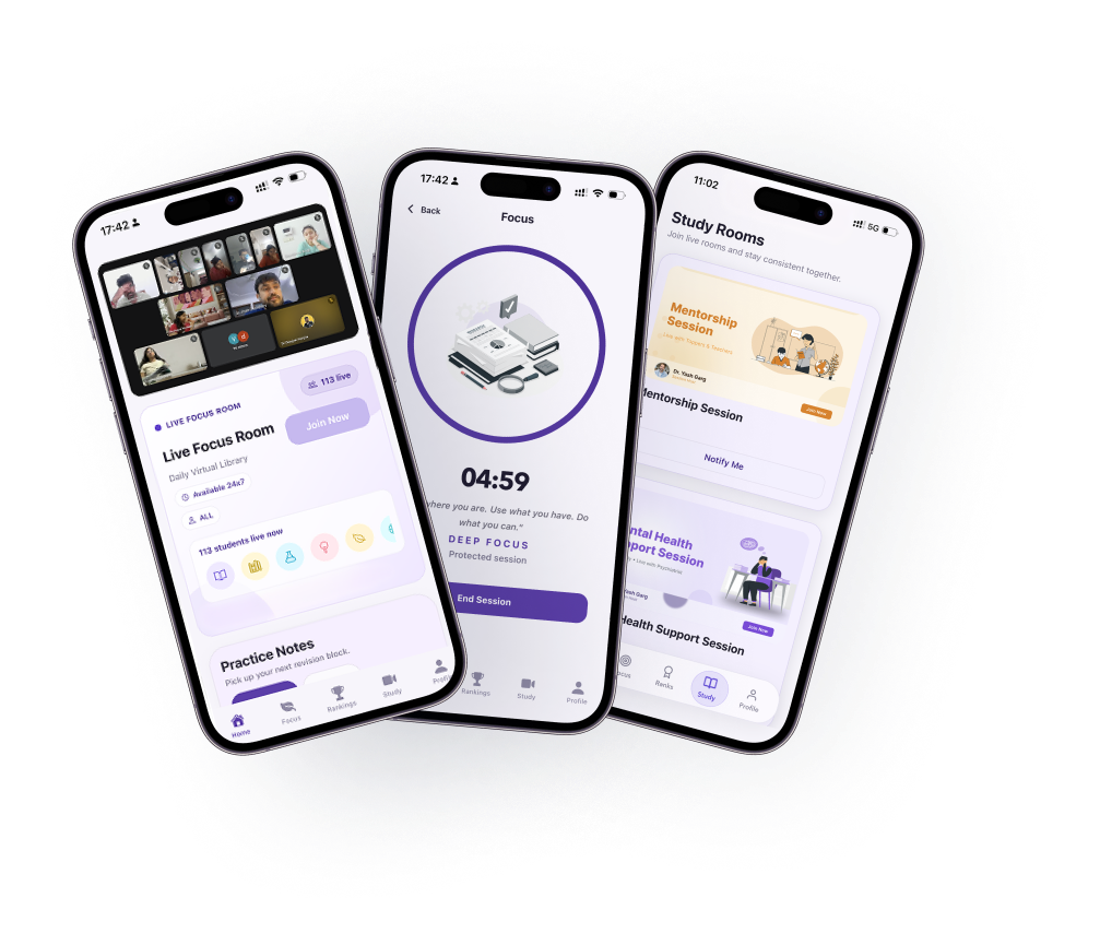 Virtual Library app screens for study rooms, focus mode, and sessions