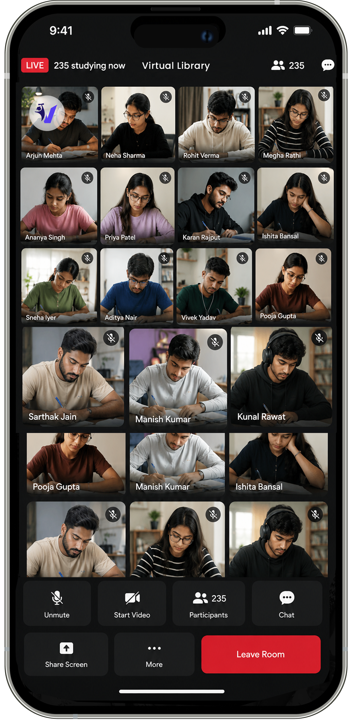 Virtual Library app live study room with students studying together